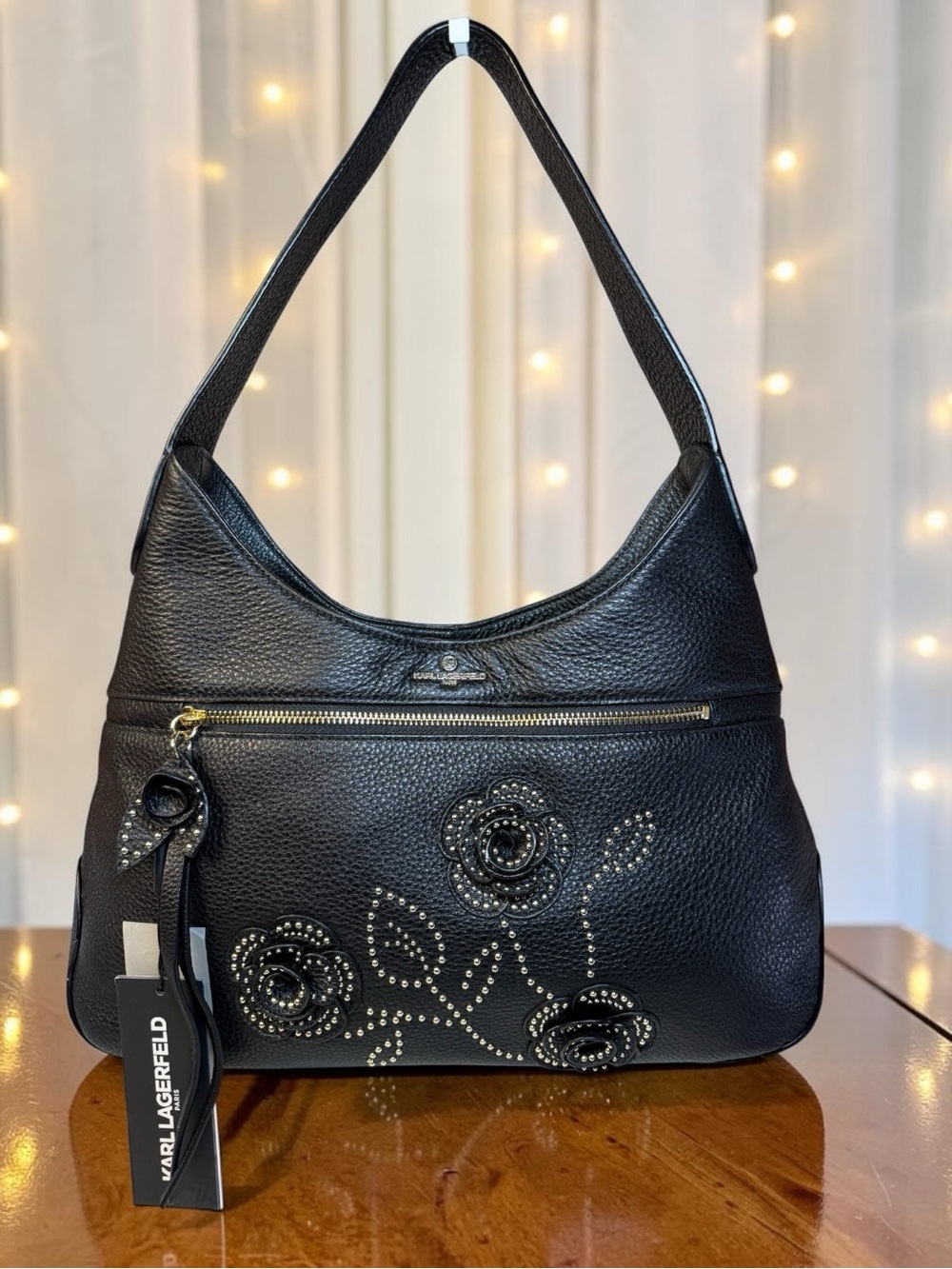 Karl Lagerfeld Paris Studded Floral Leather Shoulder Bag NWT Black - So Soft!